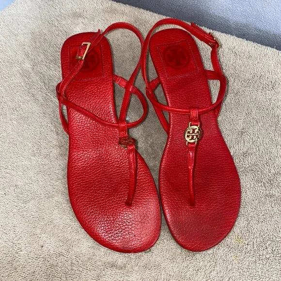 Tory Burch Red Leather T-Strap Wedge Sandals Gold Logo Medallion Women’s - Picture 2 of 7